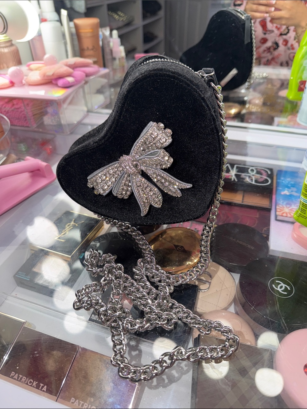 Kurt Geiger Black Heart-Shaped Velvet Mini Bag with Crystal Bow